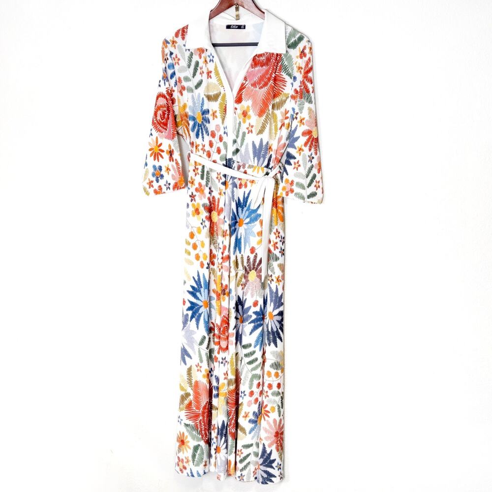 Lily By Firmiana Red Floral Wrap Maxi Dress Size XL Garden Party Tie Waistwrap